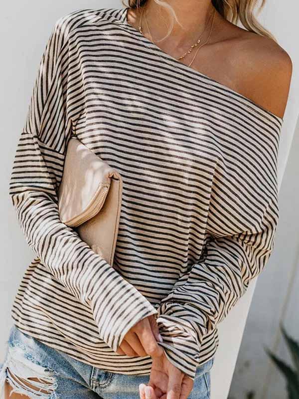 Spring Autumn Striped Off-Shoulder Long Sleeve Top