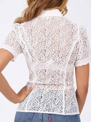 Women's White Short Sleeve Lace Shirt