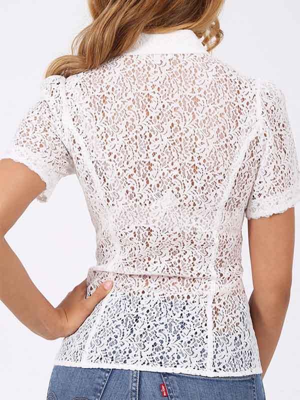 Women's White Short Sleeve Lace Shirt