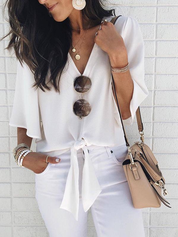 Deep V-neck 1/2 Sleeve Blouses