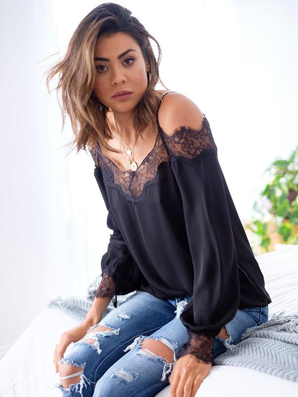 Lace Splices Cold Shoulder Blouses