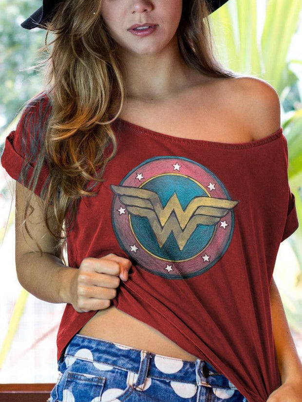 Wonder Woman printing off-the-shoulder TEE