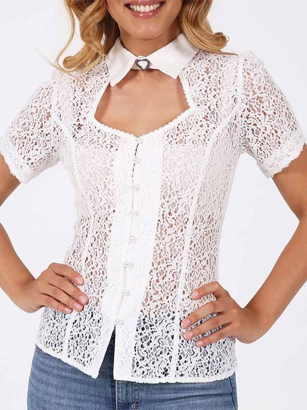 Women's White Short Sleeve Lace Shirt