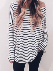 Spring Autumn Striped Off-Shoulder Long Sleeve Top