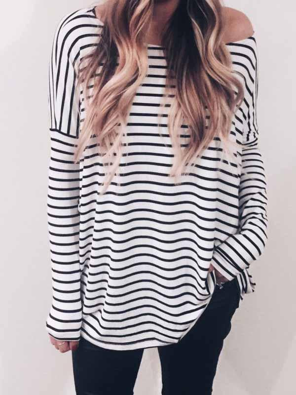 Spring Autumn Striped Off-Shoulder Long Sleeve Top