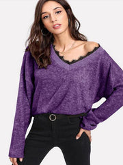 V-Neck Lace Trim Long Sleeve Sweater
