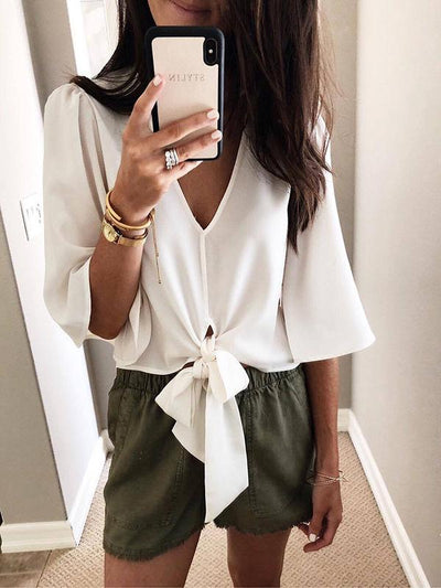 Deep V-neck 1/2 Sleeve Blouses