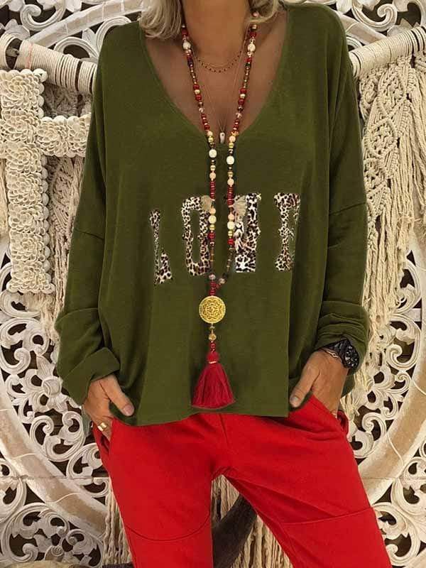 wiccous.com T-Shirts，Plus Size Tops Green / S Women's LOVE Print Long Sleeve Tops