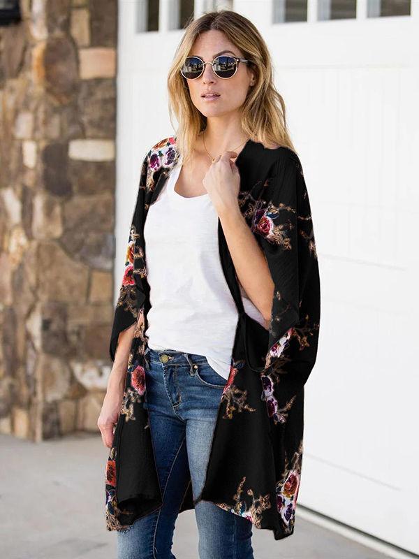 Floral Printed Bat Sleeve Cardigan