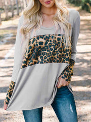 Leopard-Print Stitching Long-Sleeved Blouse