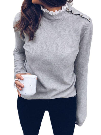 Lace Stitching Shoulder Button Design Long-Sleeved Top