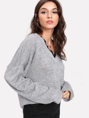 V-Neck Lace Trim Long Sleeve Sweater