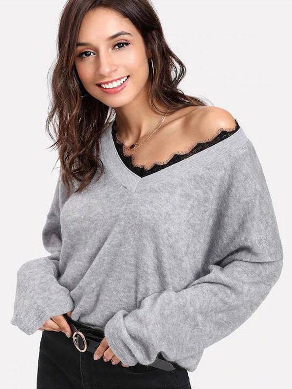 V-Neck Lace Trim Long Sleeve Sweater