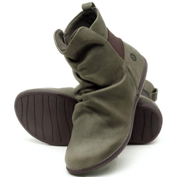Women's plain leather comfortable flat round head elastic band boots