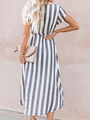 V-Neck Striped Flying Sleeve Maxi Dress