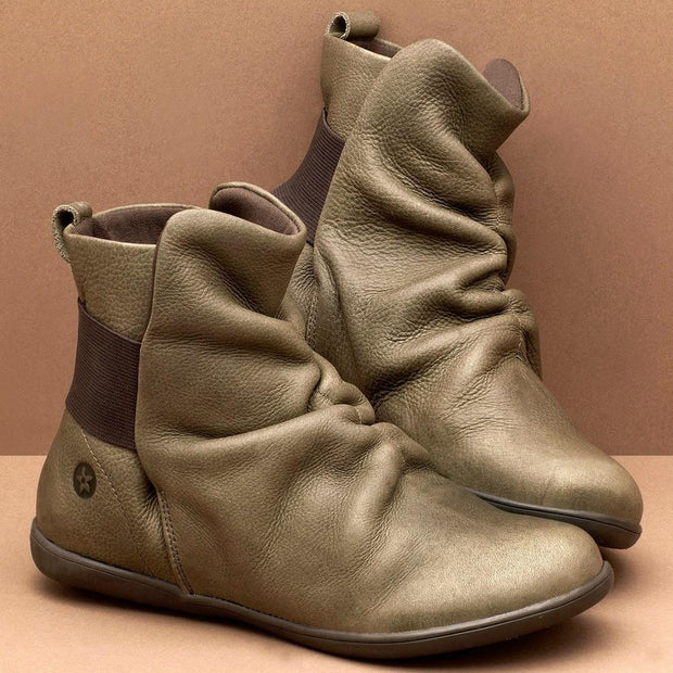Women's plain leather comfortable flat round head elastic band boots