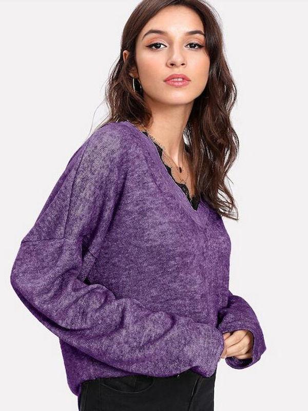 V-Neck Lace Trim Long Sleeve Sweater