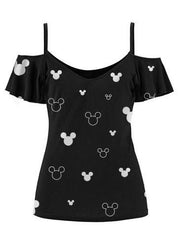 Mickey Mouse Off-The-Shoulder Lotus Leaf Sleeve T-shirt