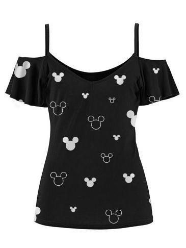 Mickey Mouse Off-The-Shoulder Lotus Leaf Sleeve T-shirt