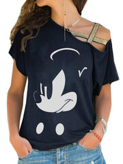 Mickey Mouse Printing Off-The-Shoulder T-shirt