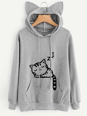 Loose Print Cat Print Hooded Sweater