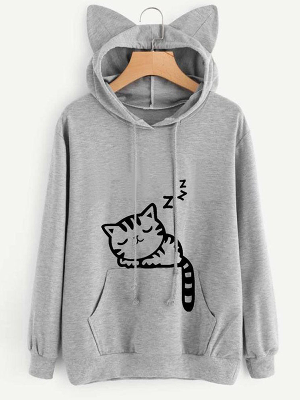 Loose Print Cat Print Hooded Sweater