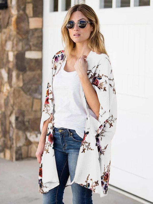 Floral Printed Bat Sleeve Cardigan