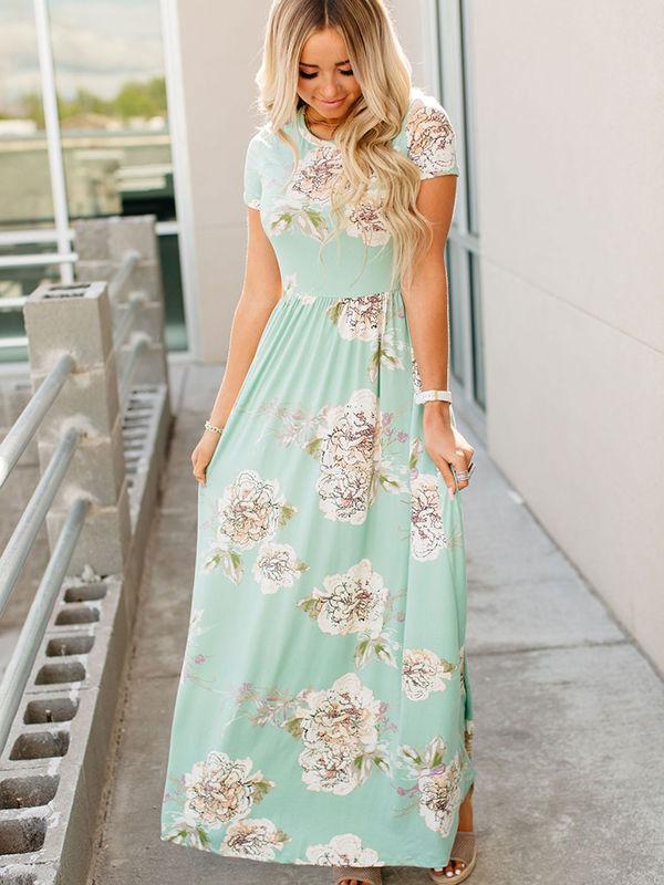 Floral Print Maxi Dress With Pocketed