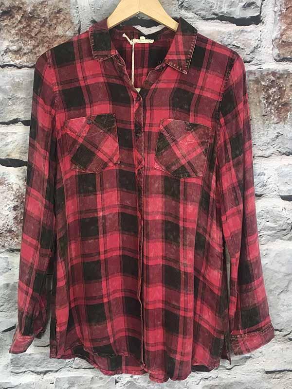 Red Black Garment Wash Long Sleeve Plaid Shirt