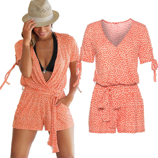 Orange V-Neck Beach Jumpsuits