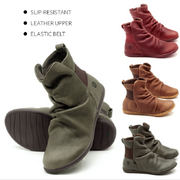 Women's plain leather comfortable flat round head elastic band boots
