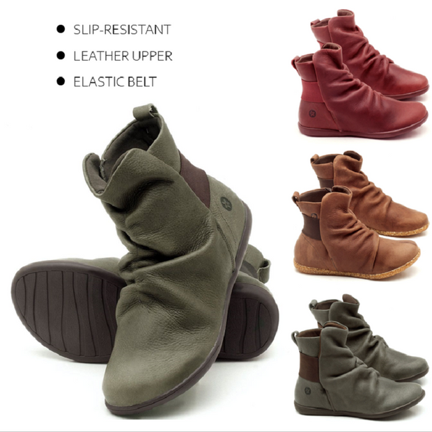 Women's plain leather comfortable flat round head elastic band boots