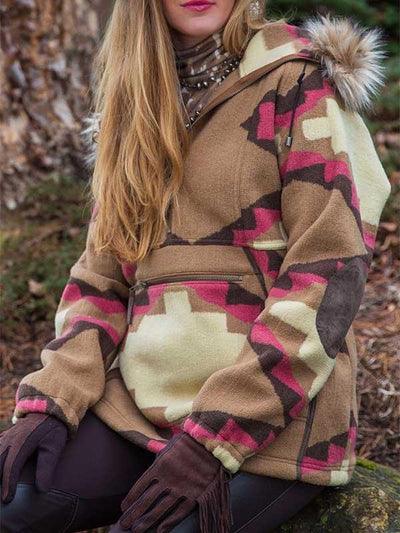 Hooded Retro Geometric Print Coat