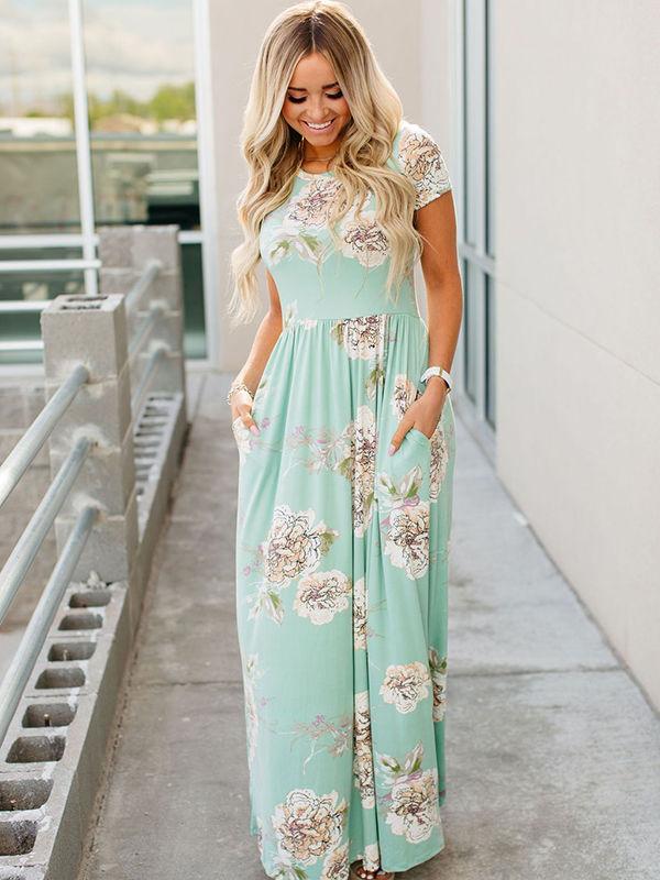 Floral Print Maxi Dress With Pocketed
