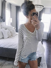 V-Nekcline Stripe Long Sleeve Top
