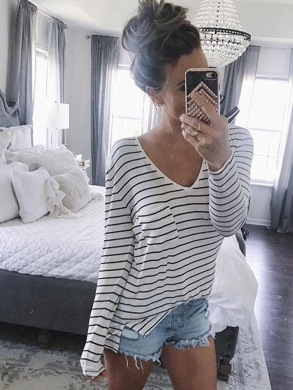 V-Nekcline Stripe Long Sleeve Top