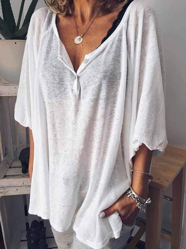 wiccous.com Plus Size Tops，T-Shirts White / S Women's V-neck 5-point sleeve T-shirt