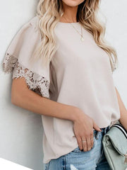 Lace-Paneled Short-Sleeved Chiffon Blouse