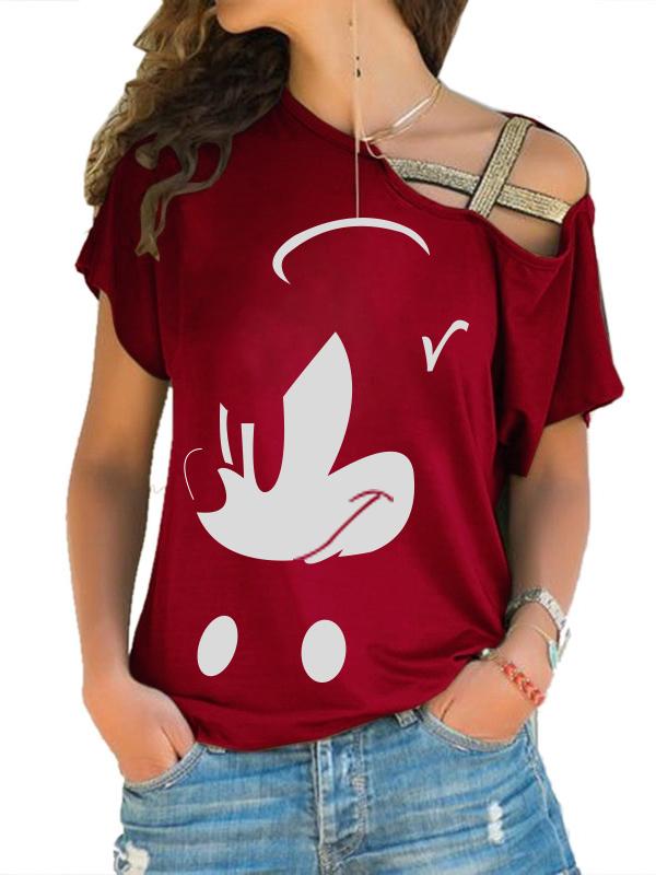 Mickey Mouse Printing Off-The-Shoulder T-shirt