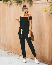 wiccous.com Bottoms Black / S Drawstring Boat Neck Jumpsuit With Pocketed