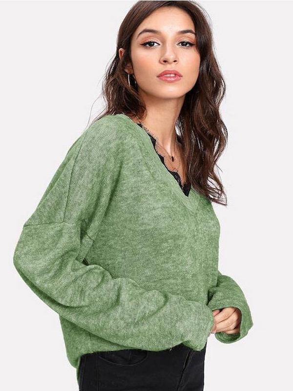 V-Neck Lace Trim Long Sleeve Sweater