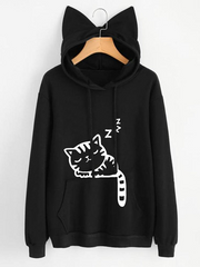 Loose Print Cat Print Hooded Sweater