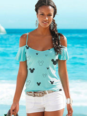 Mickey Mouse Off-The-Shoulder Lotus Leaf Sleeve T-shirt
