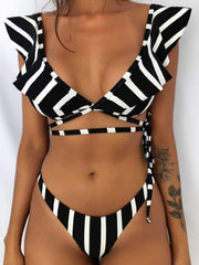 wiccous.com Bikini Black and white stripes / S Floral Ruffled Low Rise Bikini Set