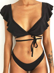 wiccous.com Bikini Black / S Floral Ruffled Low Rise Bikini Set