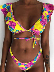 wiccous.com Bikini Pink purple / S Floral Ruffled Low Rise Bikini Set