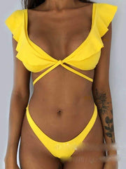 wiccous.com Bikini Yellow / S Floral Ruffled Low Rise Bikini Set