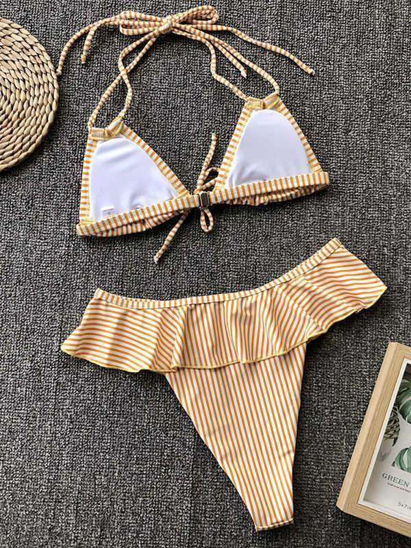 wiccous.com bikini Yellow / S Yellow striped ruffle bikini