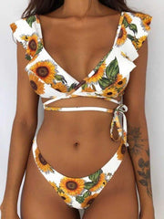 wiccous.com Bikini Yellow-Sunflowers / S Floral Ruffled Low Rise Bikini Set
