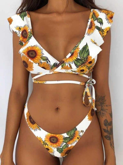 wiccous.com Bikini Yellow-Sunflowers / S Floral Ruffled Low Rise Bikini Set